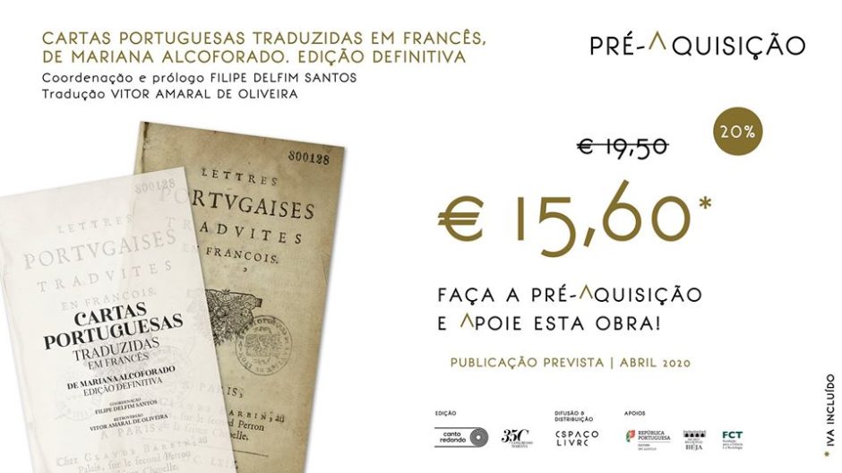 Imagem da campanha de pré-aquisição de «Cartas portuguesas traduzidas em francês, de Mariana Alcoforado», com indicação de 20% de desconto