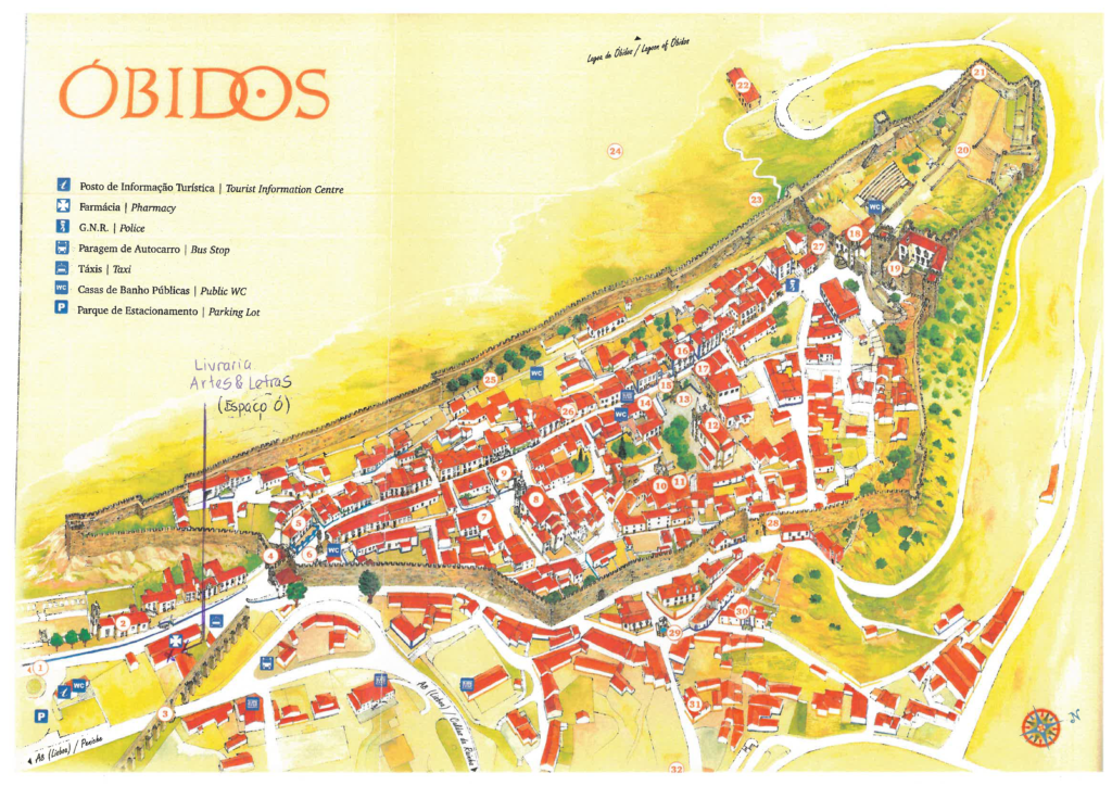 Mapa de Óbidos com indicação da localização da Livraria Artes & Letras.